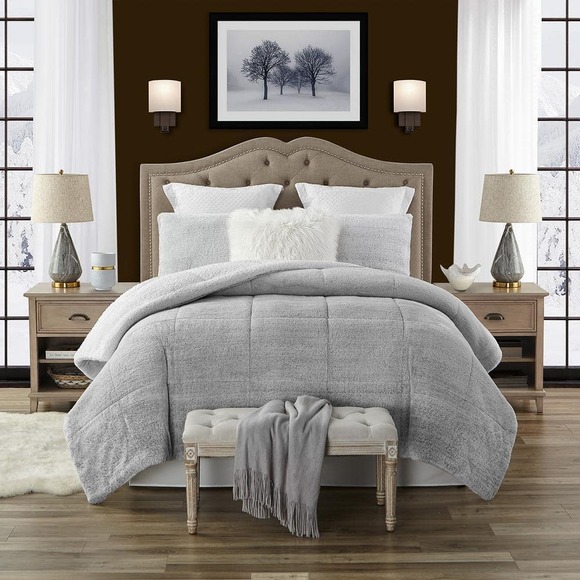 swift home  3-Piece Grey Faux Fur Reverse  Sherpa King/Cal Comforter Set - Picture 1 of 4